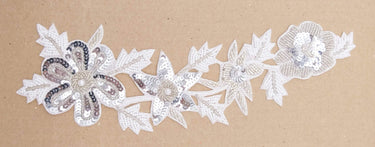 Silver and White Floral Applique Hand Embroidered with Silver Sequins, White Beads and Silver Bugle Beads, Wedding Applique